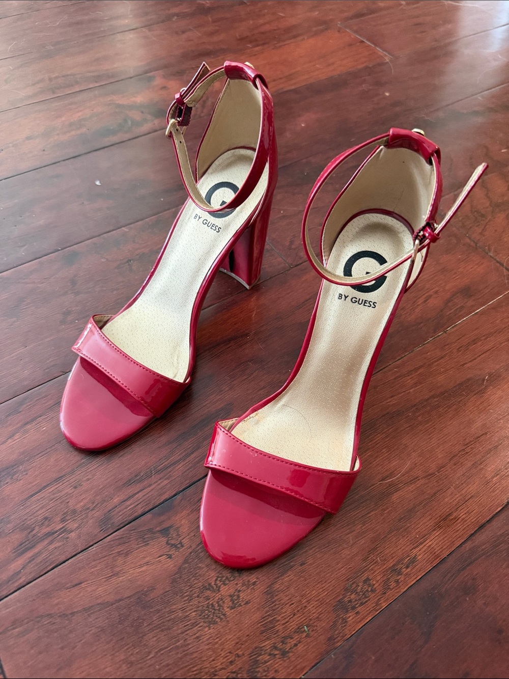 G by Guess Red Patent Open-Toe Ankle-Strap Block Heels